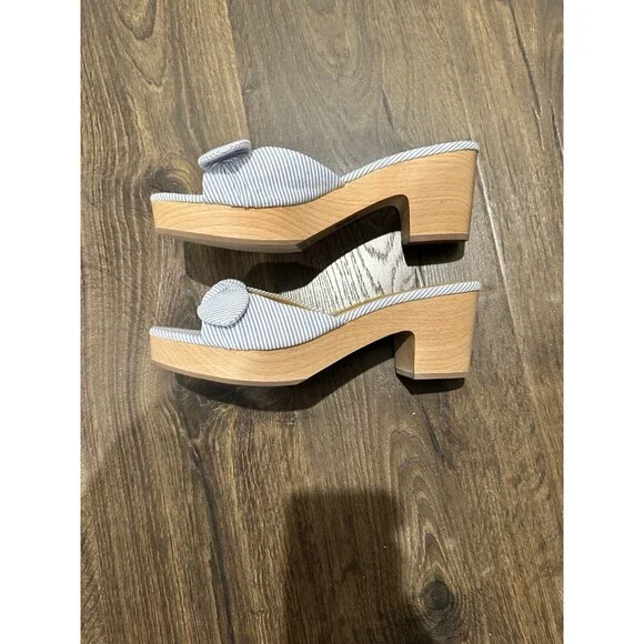 New Women’s J. Crew Bow Blue Stripe Seersucker Printed Mules 8.5 - Picture 2 of 6